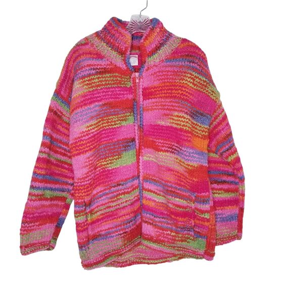 Vtg Over The Rainbow Wool Cardigan Sweater Striped Jacket w/Hat Hippie Boho S/M - Picture 3 of 14